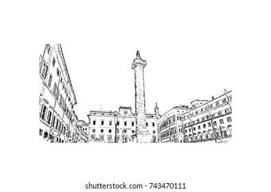 Hand drawn sketch of Fontana Di Piazza Colonna, Rome Italy in vector illustration.