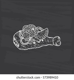 Hand drawn Sketch Food. Fried Chicken and vegetables. Chicken Drumstick with Broccoli, Tomato, Onion Vector Illustration