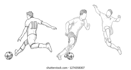 Hand drawn sketch of football, soccer players in isolated on white background,goal,Vector illustration