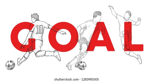 Hand drawn sketch of football, soccer players in isolated on white background,goal,Vector illustration