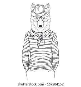 Hand Drawn  sketch of Fox Hipster isolated on white