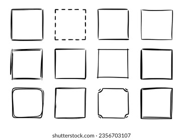 vector de marco de esbozo dibujado a mano. Forma simple de borde de marco de lápiz de rectángulo de doodle. Elemento de borde de garabato dibujado a mano para la plantilla de comillas de texto. Estilo de trazo de pincel de lápiz. Ilustración del vector