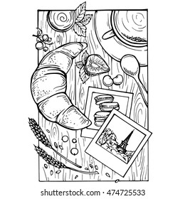 Hand drawn sketch of french breakfast -coffee, croissants, jam, strawberries and currant on rustic white wood table from above. snapshot, cards with Paris.
