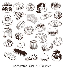 Hand drawn sketch with french dessert :croissants, eclairs,Petit fours ,religious, pain au chocolate,tarte citron, tarte tartin, opera cake, madeleine, macaroni and others. Big set for design.