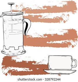 Hand drawn sketch. French press and cup drawn by ink with beige and brown brush strokes. hand drawn vector illustration.