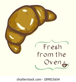 Hand drawn sketch of fresh colored croissant with place for a text. Vintage style vector illustration.