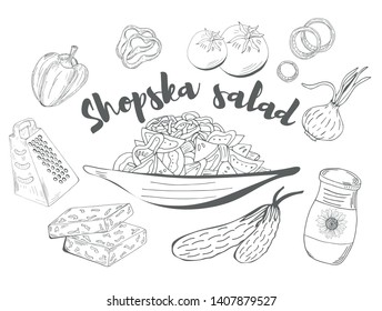 Hand drawn sketch of fresh salad with tomatoes, cheese, cucumber. Organic food. Vector illustration on white background