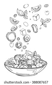 Hand drawn sketch of fresh salad with greens, olives, cherry tomatoes, onions, cheese and cucumber. Organic food. Vector illustration on white background.