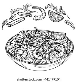  Hand drawn sketch of fresh salad with greens, shrimps, lime, pepper. Organic food. Vector illustration  of ingredients for salad with shrimps on white background