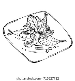Hand drawn sketch of fresh salad with greens, shrimps, tomato. Organic food. Illustration of ingredients for salad with shrimps 