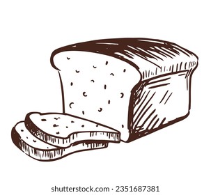 Hand drawn sketch fresh wheat bread symbol. Soft white bread being sliced to piece. For infographic, packaging label, vector for food app website, bistro