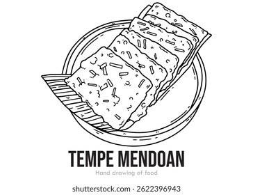 Hand drawn sketch of fried tempeh mendoan, indonesian snack, simple line art, black ink, editable, coloring page, outline