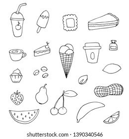 Hand drawn  sketch friut set. Cute vector food collection. Food line cartoon illustration