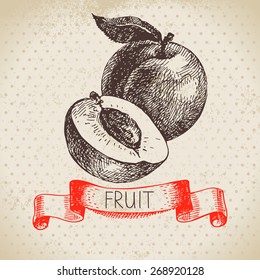 Hand drawn sketch fruit peach. Eco food background. Vector illustration