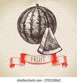 Hand drawn sketch fruit watermelon. Eco food background. Vector illustration	