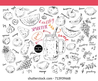 Hand Drawn Sketch Fruits, Berries And Smoothie Jar. Apple, Orange, Fig, Pineapple, Pear, Mango, Lime, Plum, Apricot, Kiwi, Banana, Melon, Grapes, Blackberry, Strawberry, Currants, Raspberry, Cherry.