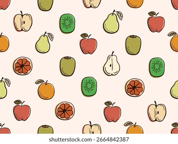 Hand drawn sketch fruits vector pattern. Natural Autumn tropical fruits. Orange, Pear, Apple, Kiwi.