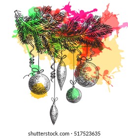 Hand drawn sketch Fur tree branch with New Year and Christmas decorations. Christmas and New Year element with colorful watercolor blots
