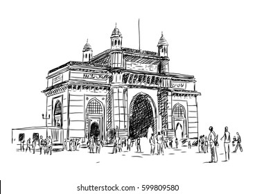 Hand drawn sketch of Gate Way of India in Mumbai. Vector illustration.