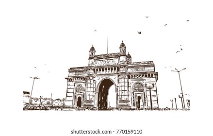 Hand drawn sketch of Gateway of india Mumbai, India in vector illustration.