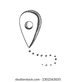 Hand drawn  sketch of geolocation mark. Vintage vector illustration isolated on white background. Doodle drawing. 