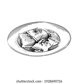 Hand drawn sketch of German German Maultaschen Dumplings on a white background. German cuisine. Food. Meals. 