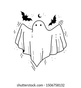 Hand drawn sketch of ghost isolated on white background. Happy Halloween. Scary white ghosts. Cute cartoon spooky character. Greeting card. Vector illustration for posters, decoration and print.