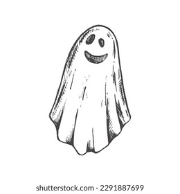 Hand drawn sketch of ghost isolated on white background. Scary white ghost. Happy Halloween. Cute vintage spooky character.  Vector illustration for posters, decoration and print.