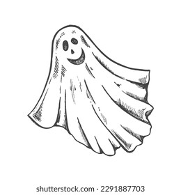 Hand drawn sketch of ghost isolated on white background. Scary white ghost. Happy Halloween. Cute vintage spooky character.  Vector illustration for posters, decoration and print.