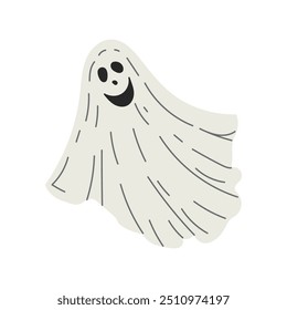 Hand drawn sketch of ghost isolated on white background. Scary white ghost. Happy Halloween. Cute vintage spooky character.  Vector illustration for posters, decoration and print.