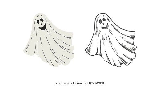 Dibujado a mano boceto de fantasma aislado sobre fondo blanco. Fantasma blanco aterrador. Feliz Halloween. Lindo personaje espeluznante vintage.  Ilustración vectorial para carteles, decoración e impresión.