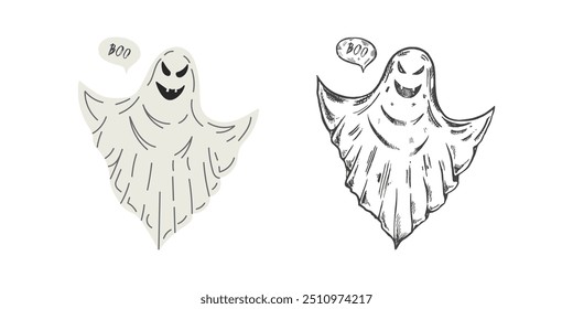 Dibujado a mano boceto de fantasma aislado sobre fondo blanco. Fantasma blanco aterrador. Feliz Halloween. Lindo personaje espeluznante vintage.  Ilustración vectorial para carteles, decoración e impresión.