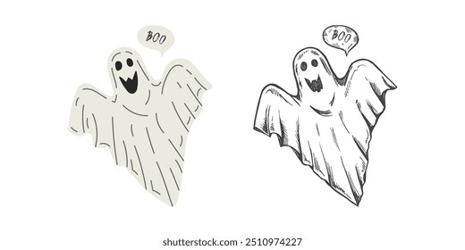 Dibujado a mano boceto de fantasma aislado sobre fondo blanco. Fantasma blanco aterrador. Feliz Halloween. Lindo personaje espeluznante vintage.  Ilustración vectorial para carteles, decoración e impresión.