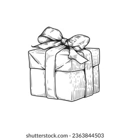 Hand drawn sketch gift box with bow and ribbon. Best for birthday, festive events designs. Vector illustration on white.
