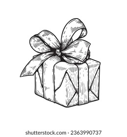 Caja de regalo de boceto dibujado a mano con arco y cinta adhesiva. Mejor para cumpleaños, diseños de eventos festivos. Ilustración vectorial en blanco.