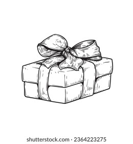 Hand drawn sketch gift box with bow and ribbon. Best for birthday, festive events designs. Vector illustration on white.
