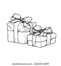 Cajas de regalo dibujadas a mano con arco y cinta. Mejor para cumpleaños, diseños de eventos festivos. Ilustración vectorial en blanco.