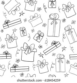 Hand drawn sketch gift boxes. Seamless vector pattern. May be used as a coloring book