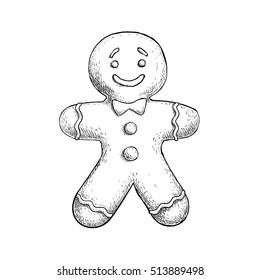 Hand drawn sketch gingerbread men icing decorated. Traditional Christmas cookie. Vector hand made illustration.