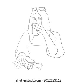 hand drawn sketch girl drinking coffee from paper cup, line drawing, idea for fashion coloring, fashion girl figure