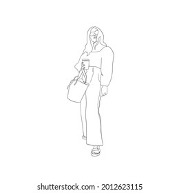 hand drawn sketch girl drinking coffee from paper cup, line drawing, idea for fashion coloring, fashion girl figure