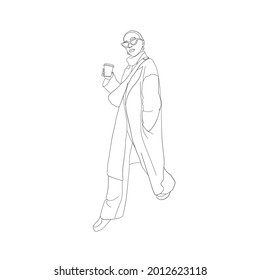 hand drawn sketch girl drinking coffee from paper cup, line drawing, idea for fashion coloring, fashion girl figure