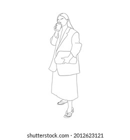 hand drawn sketch girl drinking coffee from paper cup, line drawing, idea for fashion coloring, fashion girl figure