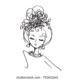 hand drawn, sketch girl face illustration, original sketch vector file