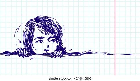 Hand drawn sketch of girl looking out. Vector illustration of ink graphic woman peeping out. Decorative vintage element for design of calling cards, scrapbook, invitation cards, banners, etc.  