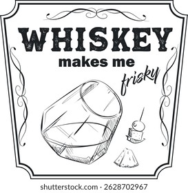 Hand drawn sketch of a glass of whiskey with ice, lemon, print on a T-shirt. Banner for a pub, a party, a glass of scotch, a drink of strong alcohol