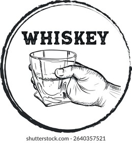 Hand drawn sketch glass of whiskey in hand, bar poster, t-shirt print. Drink party banner, gin and ice, brandy, rum, booze, paint splashes, brush strokes
