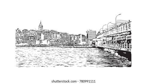 Hand drawn sketch of Golden Horn, Istanbul, Turkey in vector illustration.