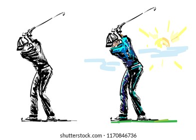 Hand drawn sketch of Golf player playing golf in vector illustration