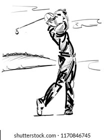 Hand drawn sketch of Golf player playing golf in vector illustration